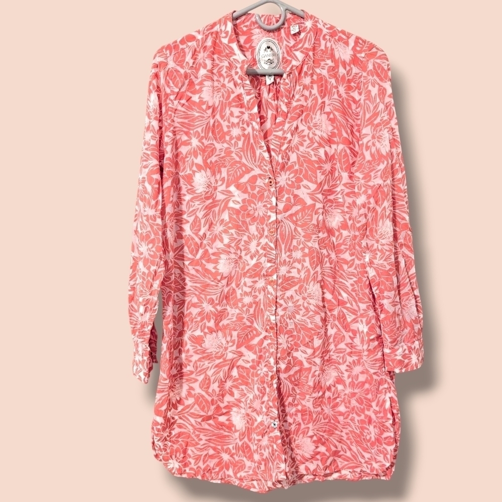 Ganesh Pink Floral Cotton Lightweight Relaxed Long Sleeve Button-Up Shirt Dress
